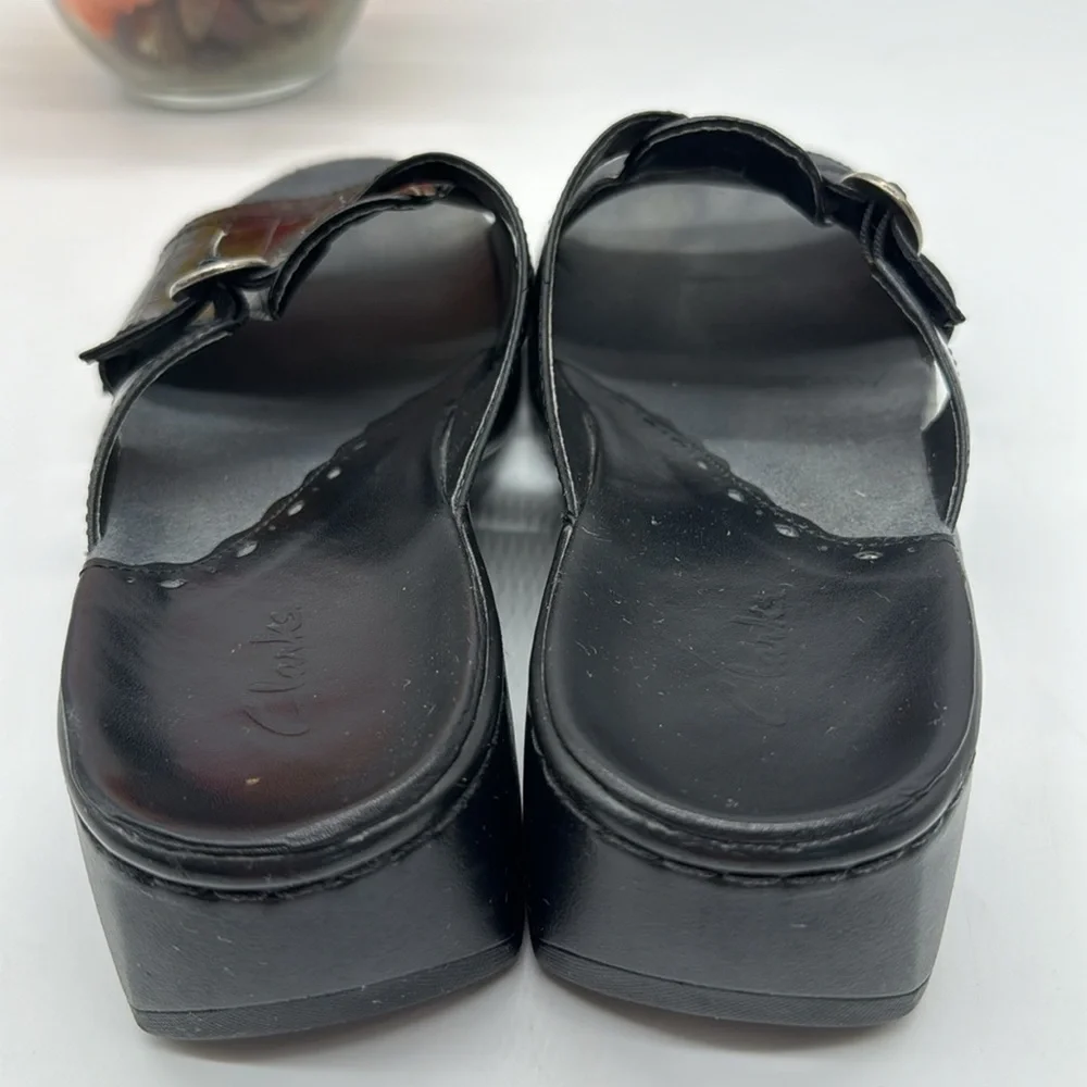 Clarks Black Leather Slide Sandals with Silver Buckle